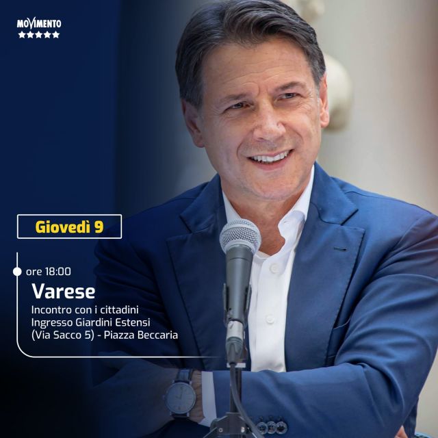 Giuseppe Conte Giovedì 9 Settembre alle ore 18 arriva ai Giardini Estensi di Varese